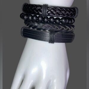 4 Pcs/Set Retro Punk Woven PU Faux Leather Beaded Bracelets Women Men Black NWOT